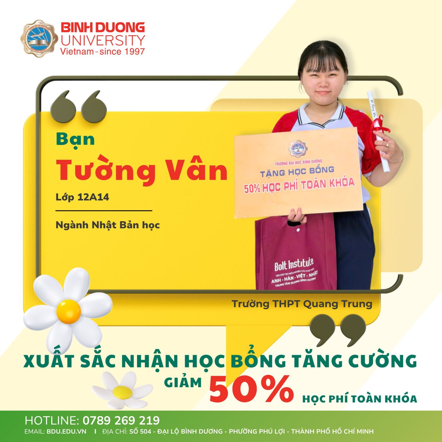 Học sinh THPT Quang Trung nhận học bổng tăng cường ngành Nhật Bản học tại BDU